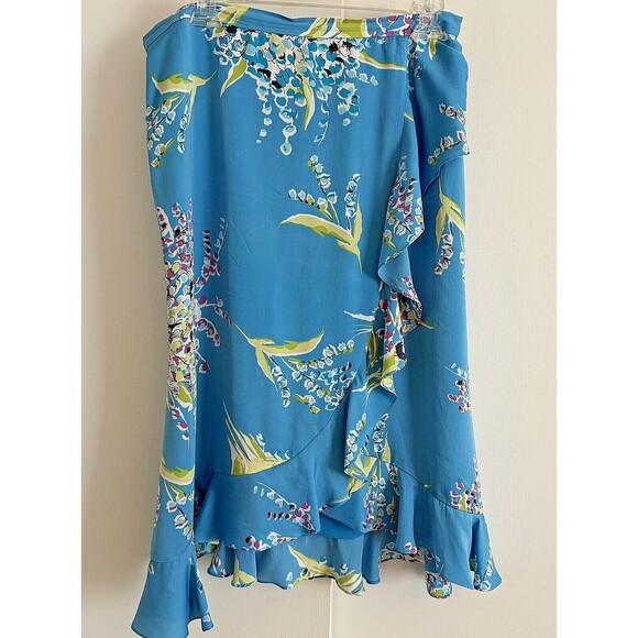 VALERIE STEVENS BLUE FLORAL SILK SKIRT RAMP SIZE 12 PETITE - Picture 1 of 4